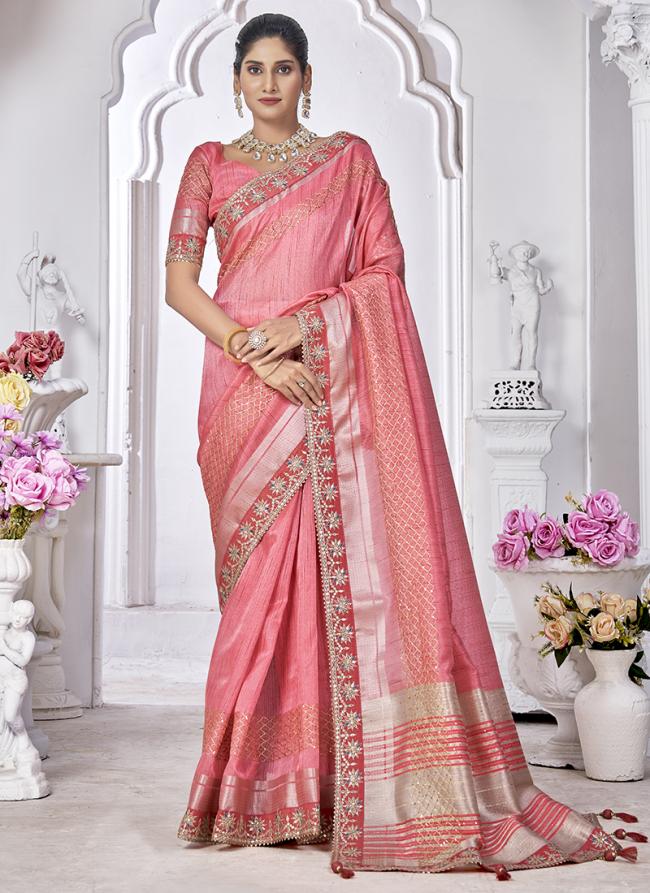 Top Dyed Silk Pink Wedding Wear Coding Work Saree